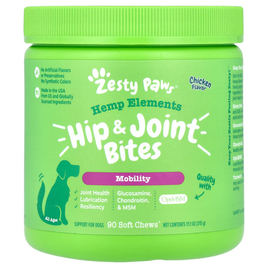Zesty Paws, Hemp Elements, Hip & Joint Bites, For Dogs, All Ages, Chicken, 90 Soft Chews, 11.1 oz (315 g) - Image 1