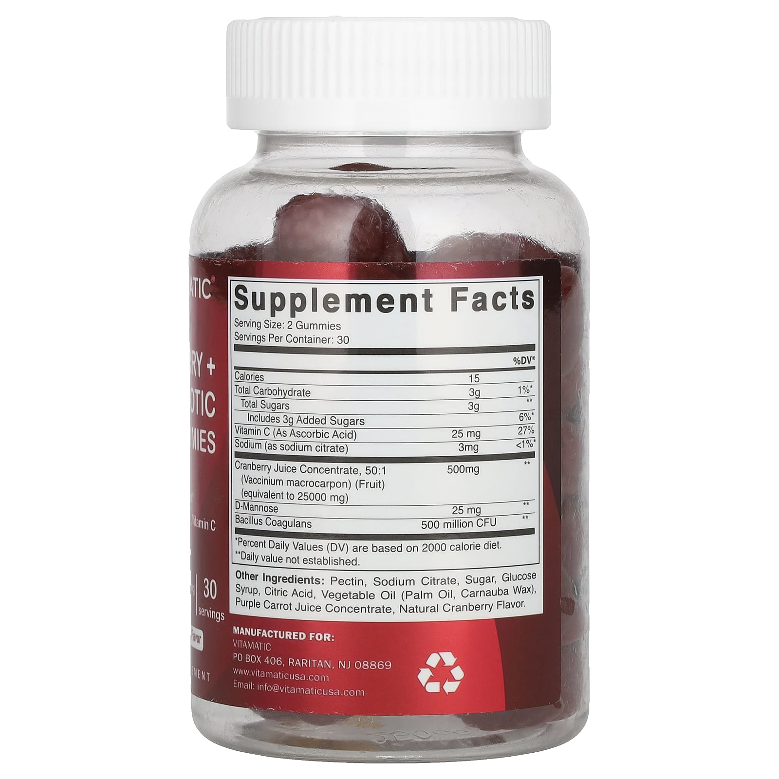 Vitamatic, Cranberry + Probiotic Gummies, Natural Cranberry, 25,000 mg, 60 Gummies (12,500 mg per Gummy) - Image 2