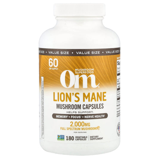 Om Mushrooms, Lion's Mane Mushroom Capsules, 180 Vegetable Capsules (666 mg per Capsule) - Image 1