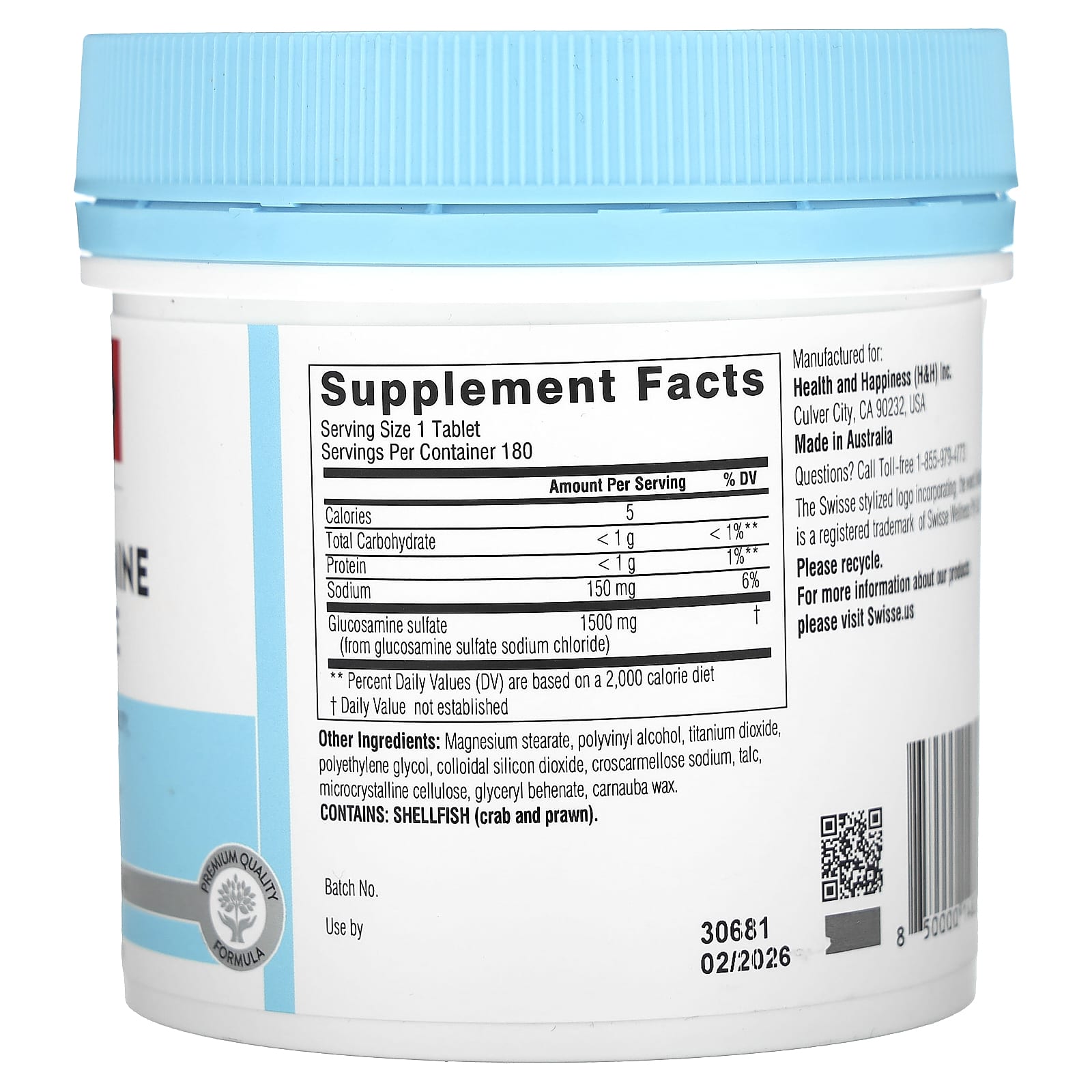 Swisse, Ultiboost, Glucosamine Sulfate, 1,500 mg, 180 Tablets