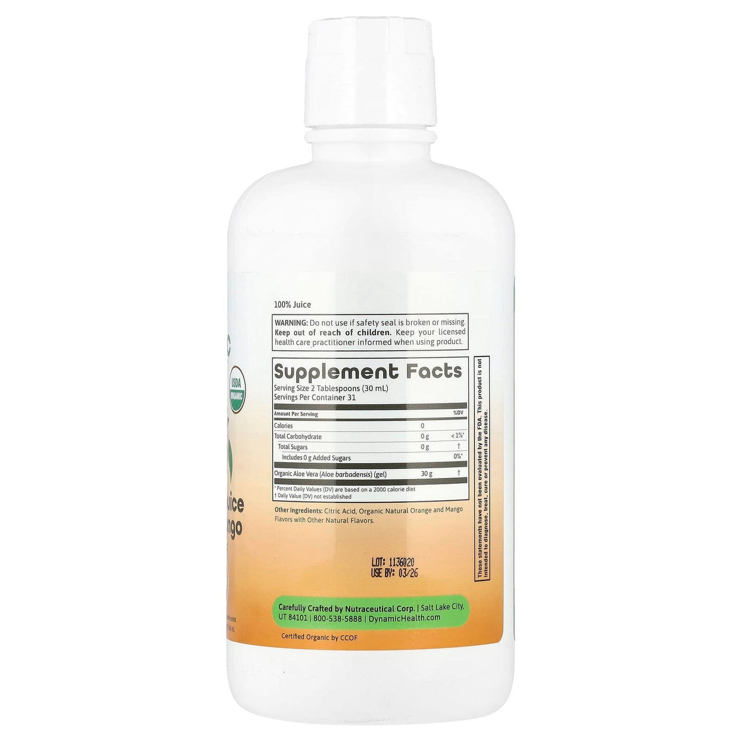 Dynamic Health USDA Organic Aloe Vera Juice, Orange Mango, 32 fl oz - Image 2