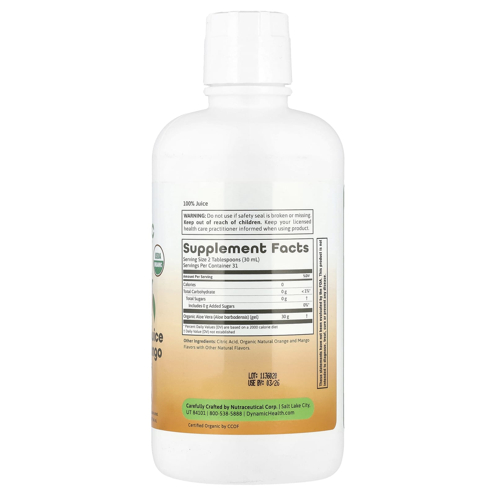 Dynamic Health USDA Organic Aloe Vera Juice, Orange Mango, 32 fl oz - Image 2