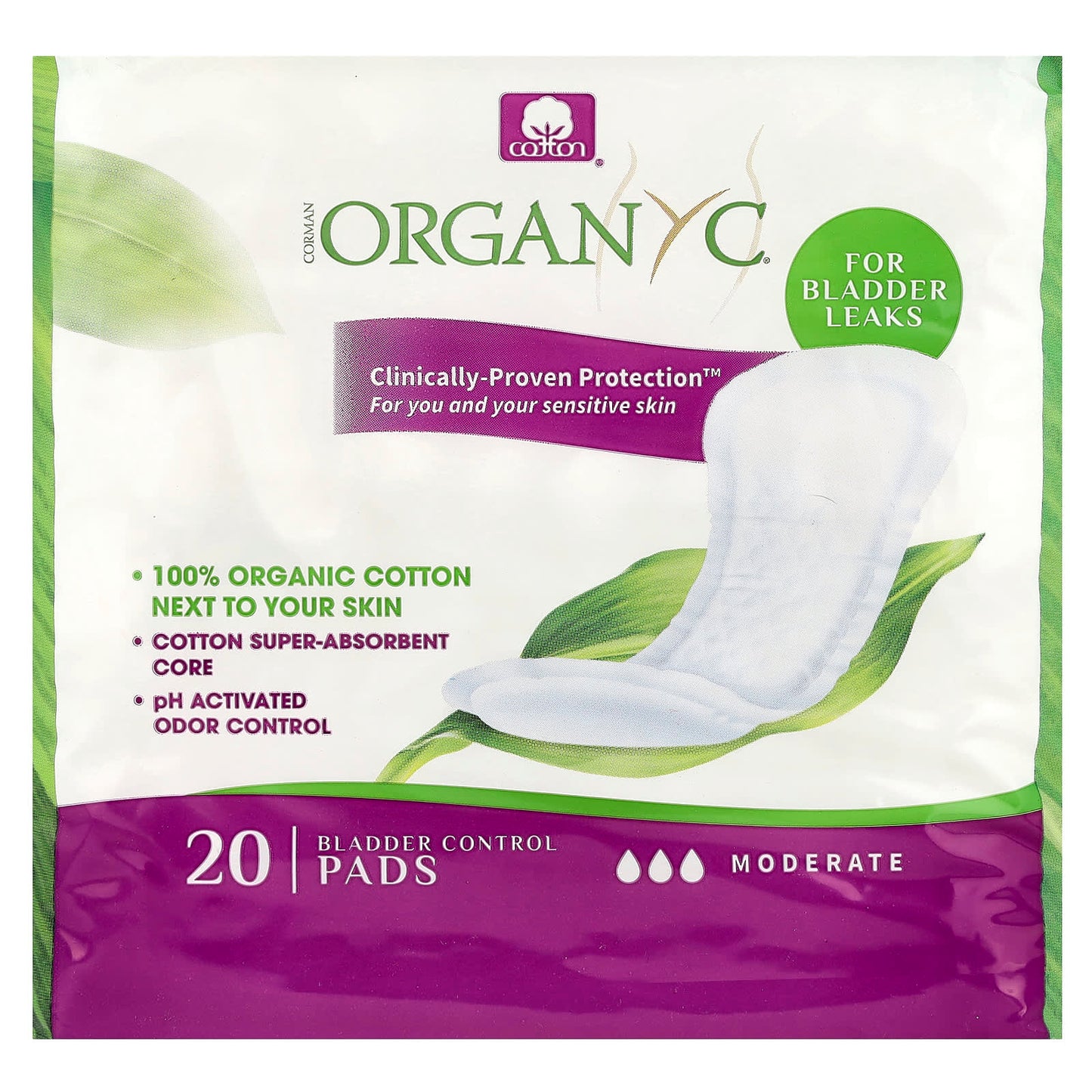 Organyc, Bladder Control Pads, Moderate, 20 Pads - Image 1