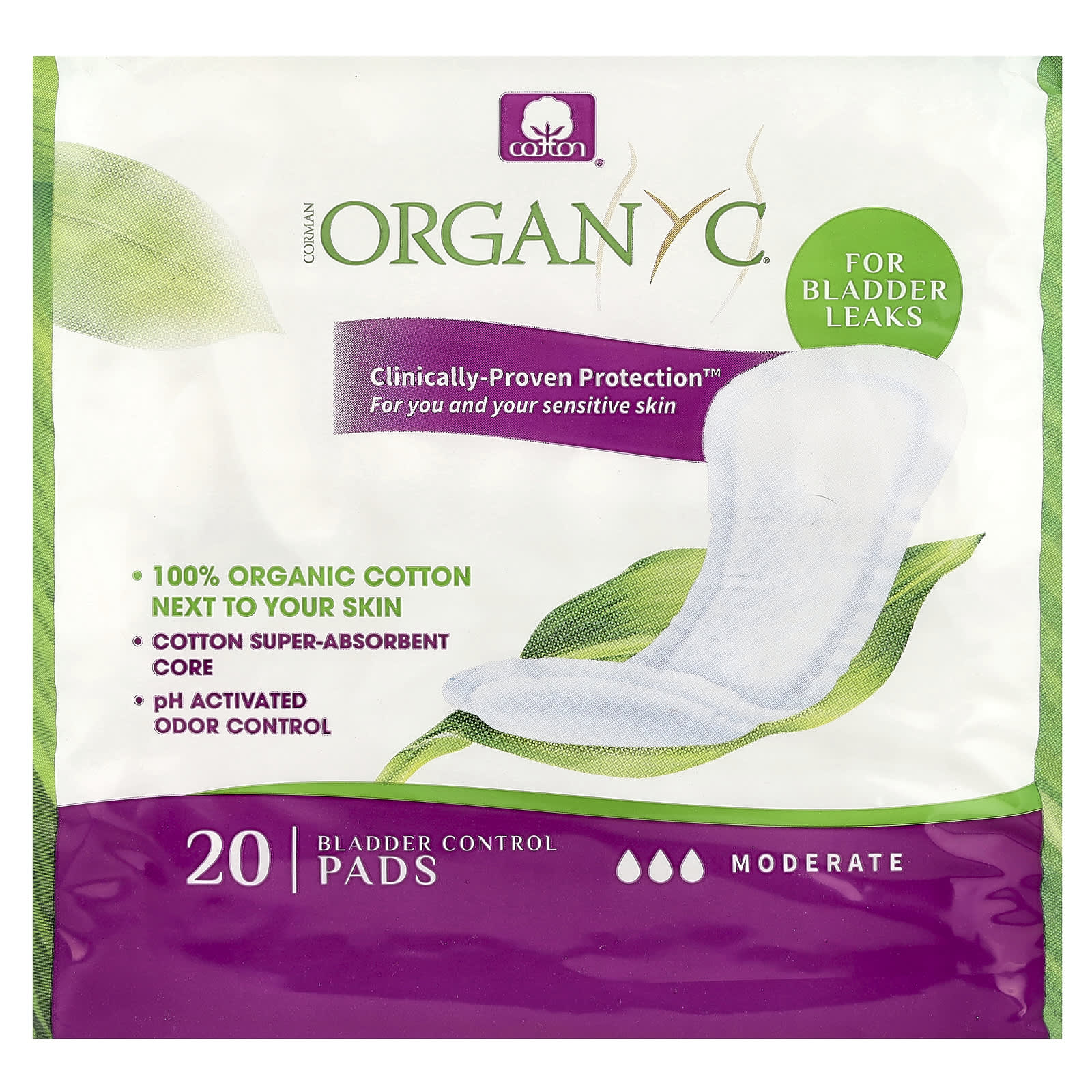 Organyc, Bladder Control Pads, Moderate, 20 Pads - Image 1