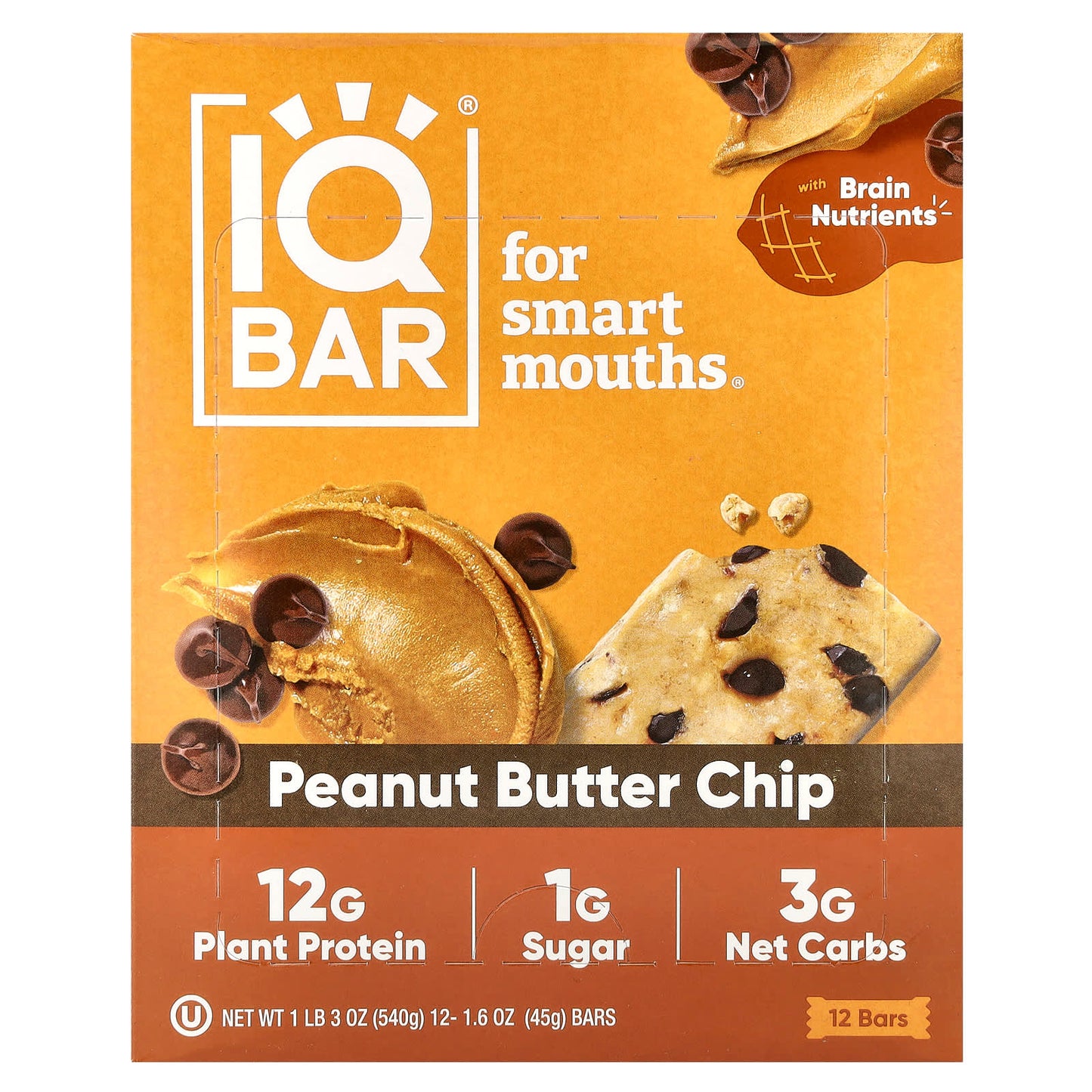 IQBAR Peanut Butter Chip Brain Fuel Bars, 12 x 1.6 oz (45g) Vegan & Gluten-Free - Image 1