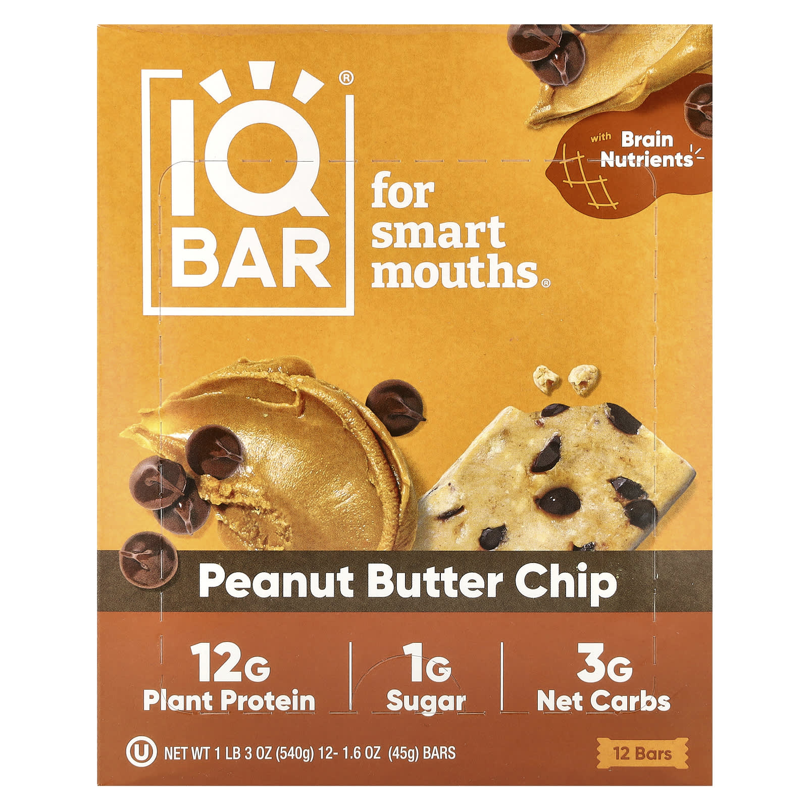 IQBAR Peanut Butter Chip Brain Fuel Bars, 12 x 1.6 oz (45g) Vegan & Gluten-Free - Image 1