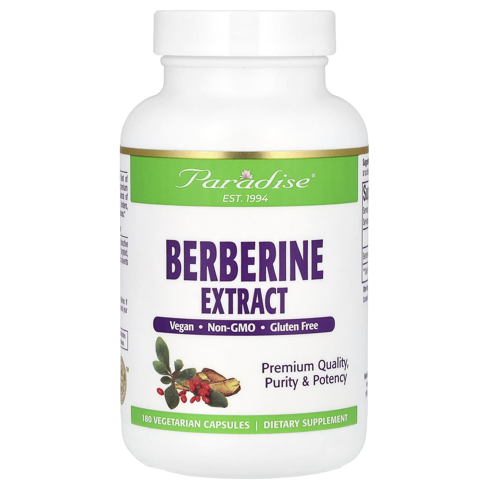Paradise Herbs, Berberine Extract, 500 mg, 180 Vegetarian Capsules - Image 1