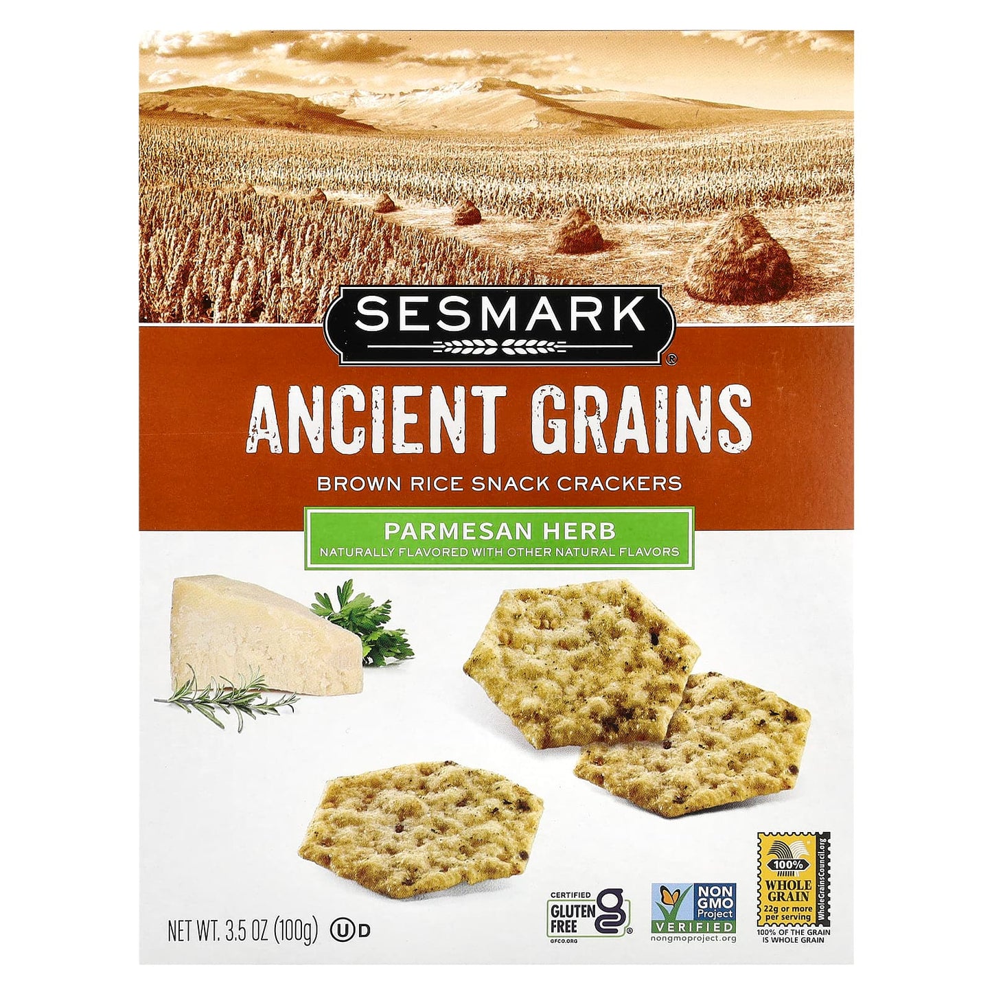 Sesmark, Brown Rice Snack Crackers, Parmesan Herb, 3.5 oz (100 g) - Image 1
