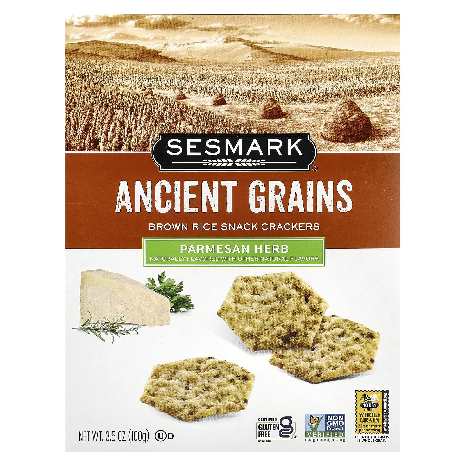 Sesmark, Brown Rice Snack Crackers, Parmesan Herb, 3.5 oz (100 g) - Image 1