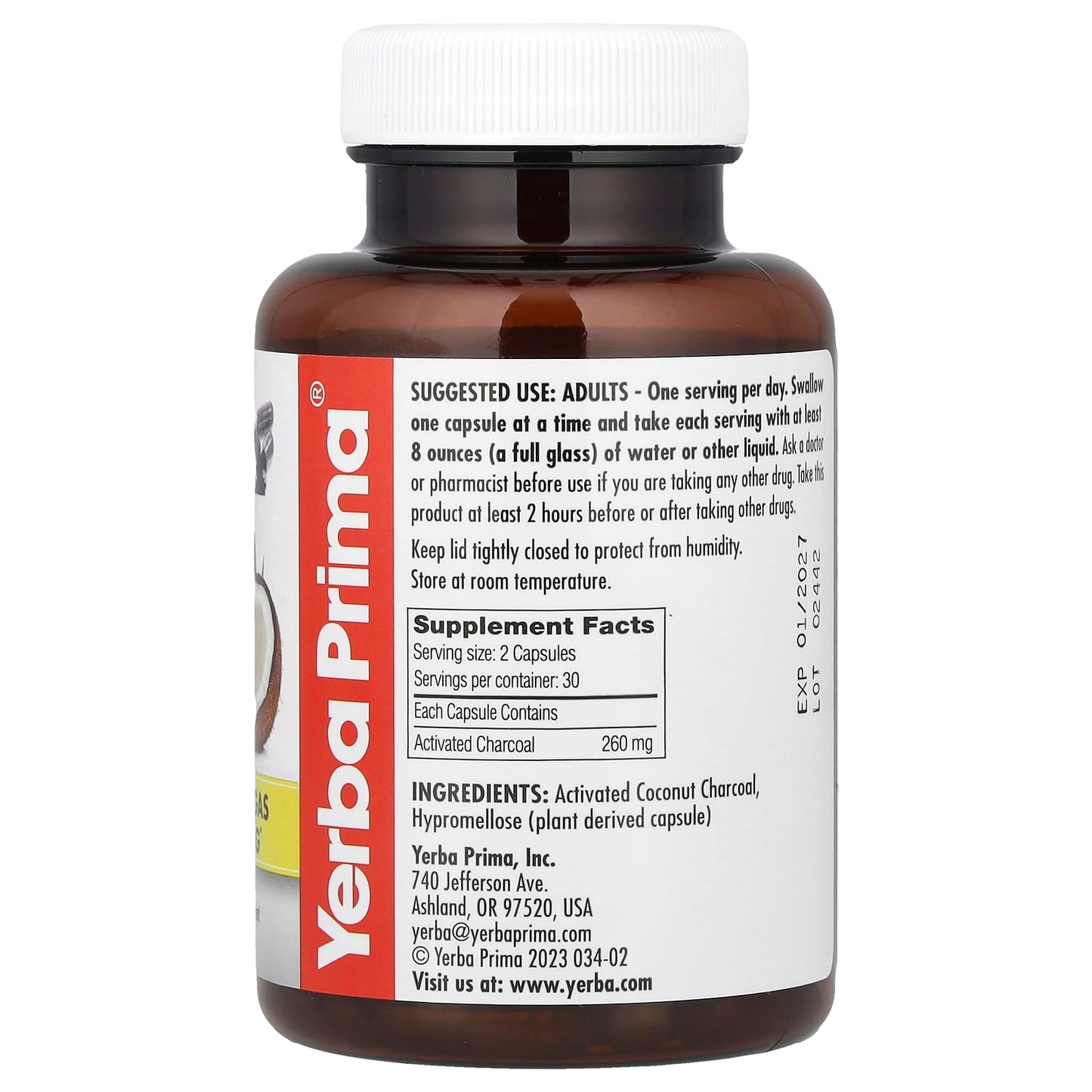 Yerba Prima, Activated Coconut Charcoal, 60 Capsules (130 mg per Capsule) - Image 2