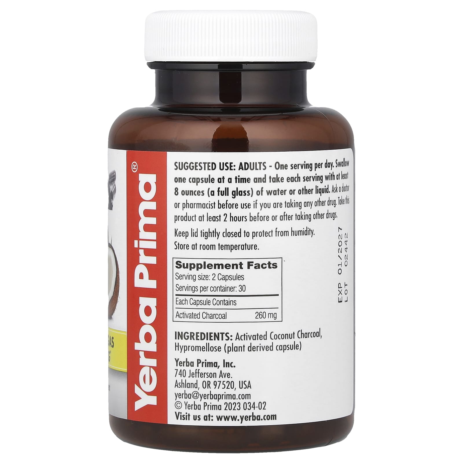 Yerba Prima, Activated Coconut Charcoal, 60 Capsules (130 mg per Capsule) - Image 2