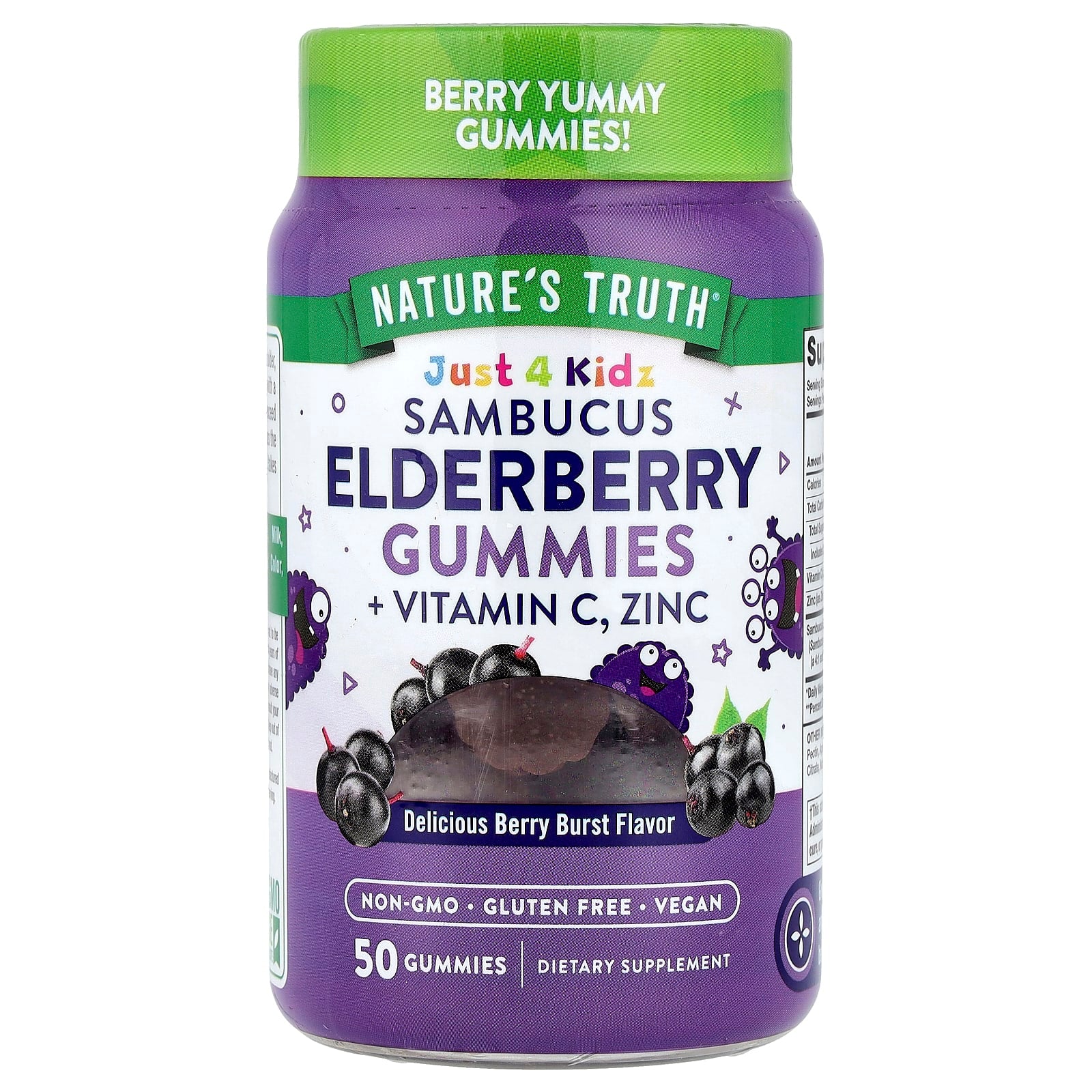 Nature's Truth, Just 4 Kidz, Sambucus Elderberry Gummies + Vitamin C, Zinc, Delicious Berry Burst, 50 Gummies - Image 1