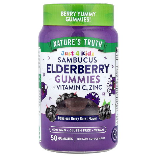 Nature's Truth, Just 4 Kidz, Sambucus Elderberry Gummies + Vitamin C, Zinc, Delicious Berry Burst, 50 Gummies - Image 1