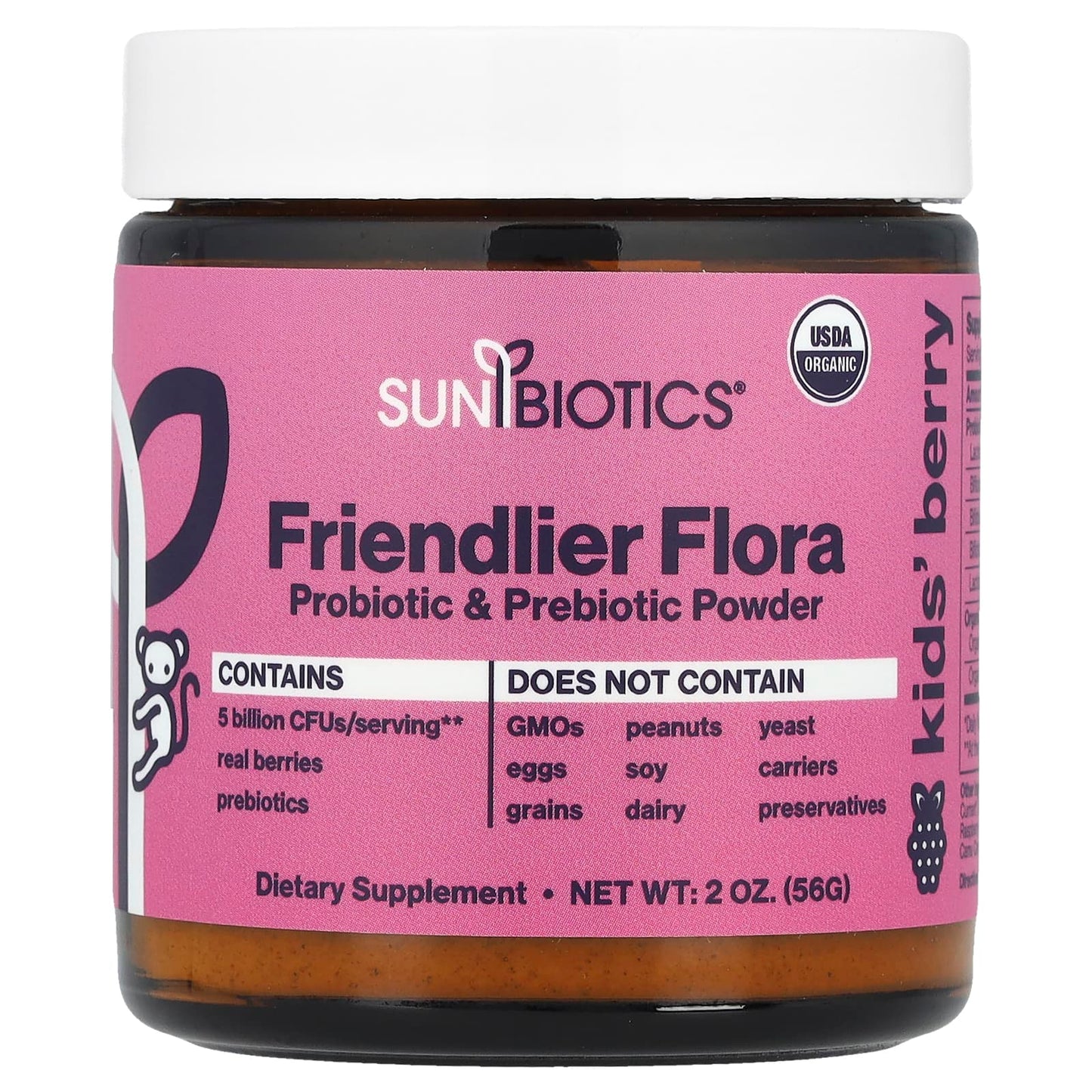 Sunbiotics, Kids Friendlier Flora, Probiotic & Prebiotic Powder, Berry, 5 Billion CFU, 2 oz (56 g) - Image 1