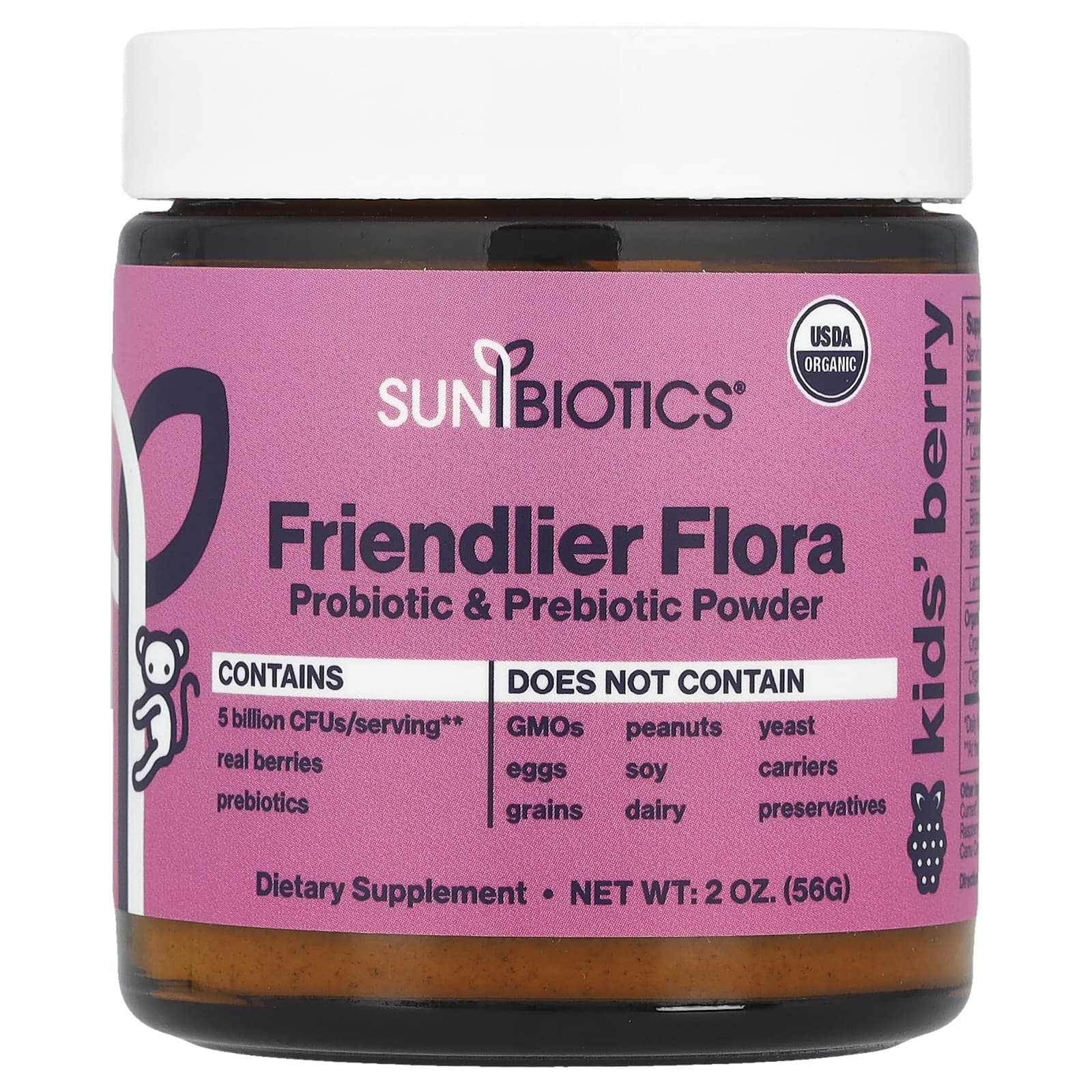Sunbiotics, Kids Friendlier Flora, Probiotic & Prebiotic Powder, Berry, 5 Billion CFU, 2 oz (56 g) - Image 1