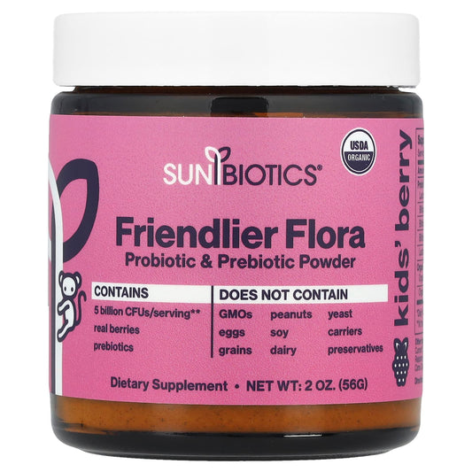 Sunbiotics, Kids Friendlier Flora, Probiotic & Prebiotic Powder, Berry, 5 Billion CFU, 2 oz (56 g) - Image 1