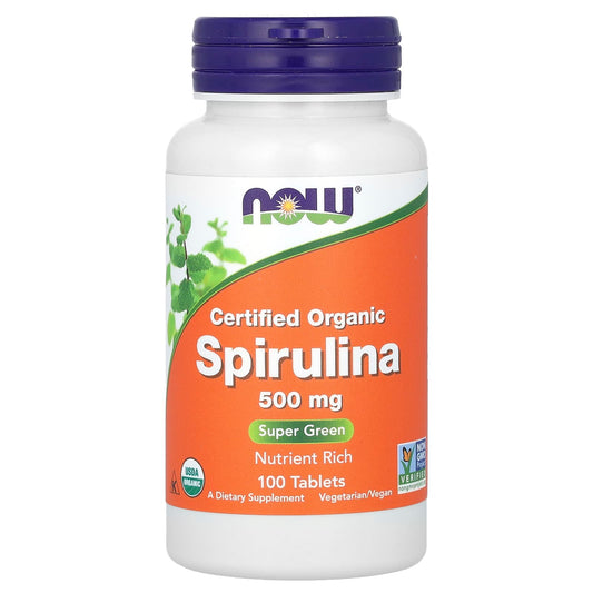 NOW Foods, Certified Organic Spirulina, 500 mg, 100 Tablets - Image 1