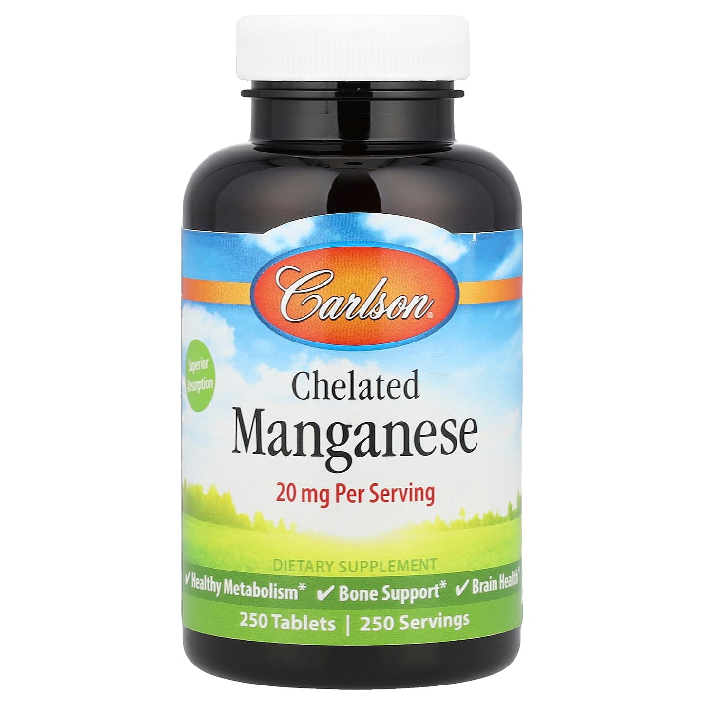 Carlson Premium Chelated Manganese 20mg, 250 Tablets - Gluten Free - Image 1