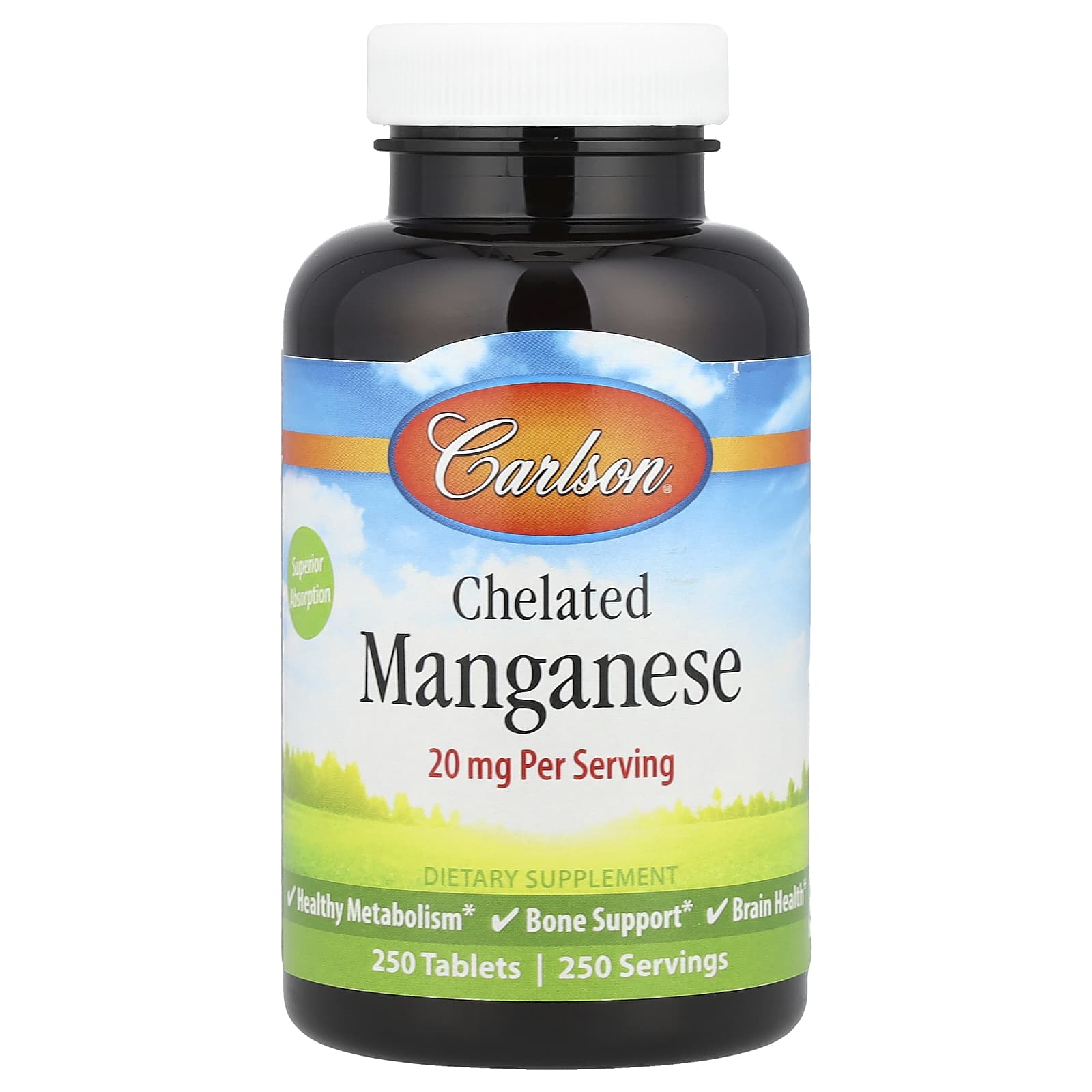 Carlson Premium Chelated Manganese 20mg, 250 Tablets - Gluten Free - Image 1