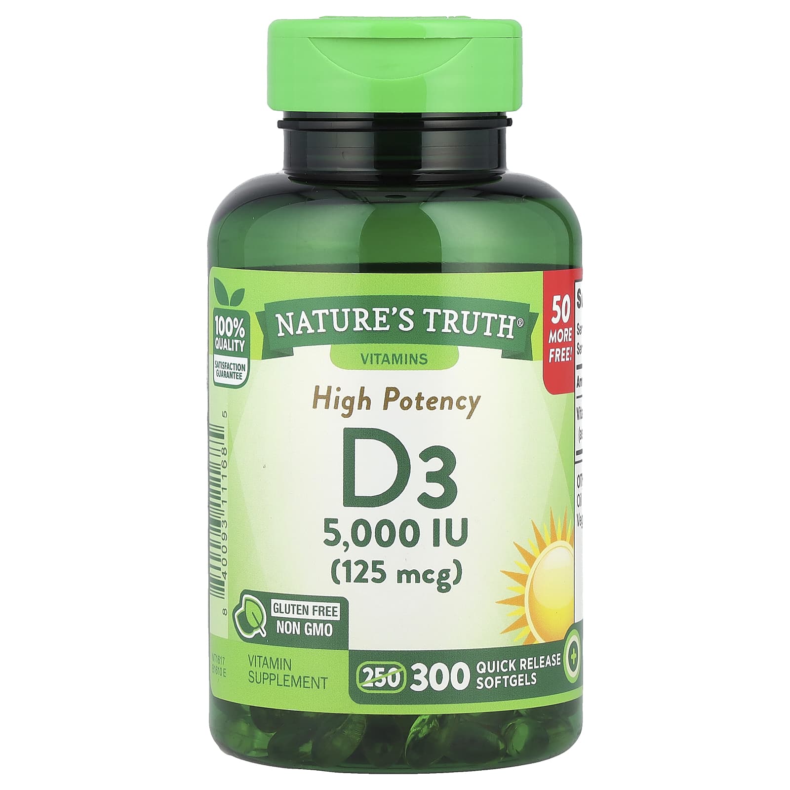 Nature's Truth, High Potency Vitamin D3, 125 mcg (5000 IU), 300 Quick Release Softgels - Image 1
