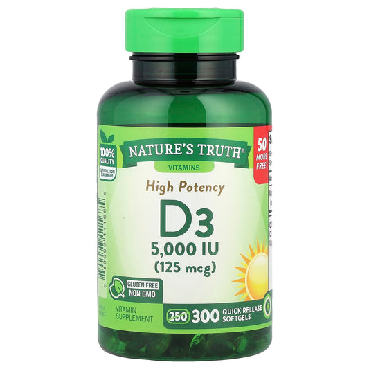 Nature's Truth, High Potency Vitamin D3, 125 mcg (5000 IU), 300 Quick Release Softgels - Image 1