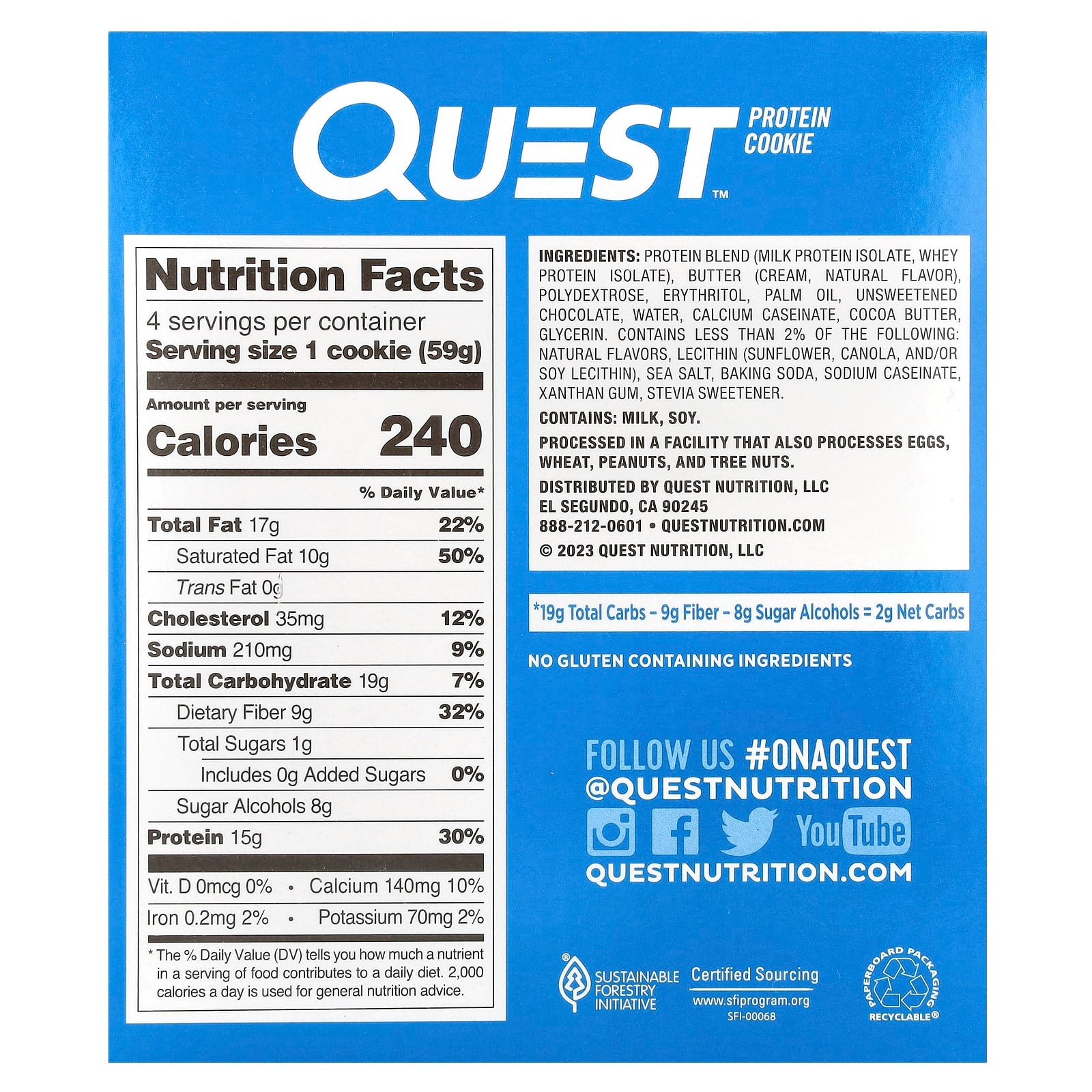 Quest Nutrition, Protein Cookie, Chocolate Chip, 4 Cookies, 2.08 oz (59 g) Each - Image 2