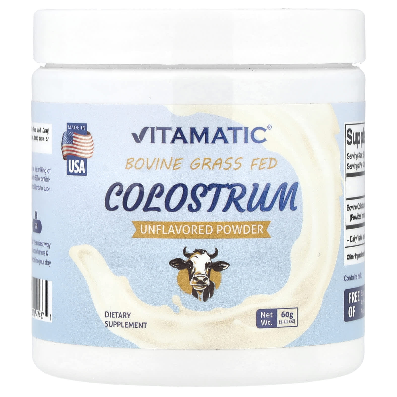 Vitamatic, Bovine Grass Fed Colostrum, Unflavored, 2.11 oz (60 g) - Image 1