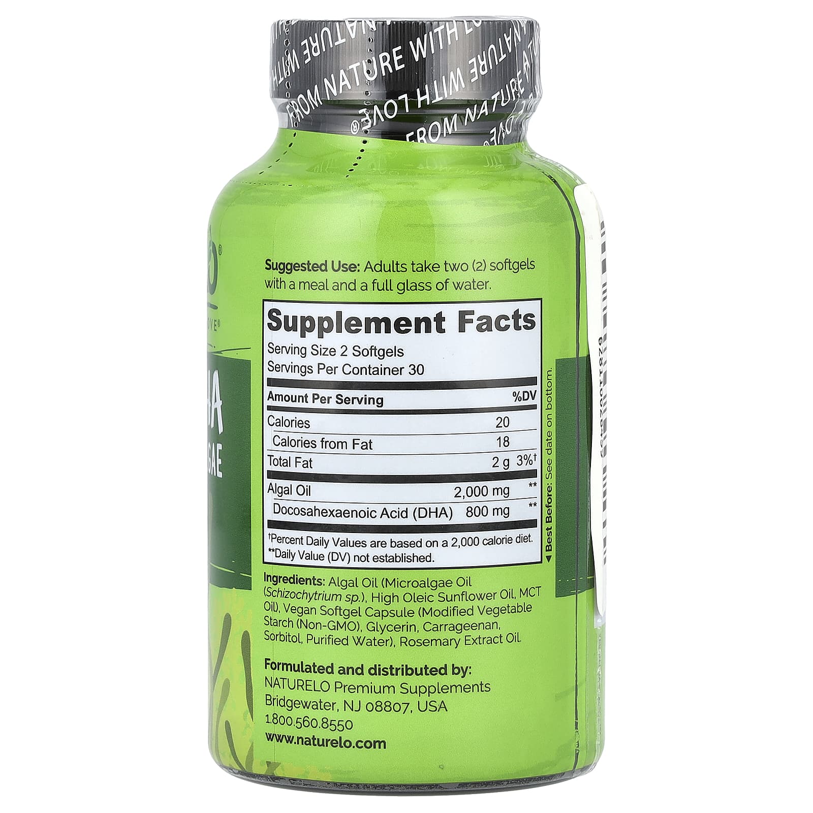 NATURELO, Vegan DHA, Omega-3 from Algae, 60 Vegan Softgels (400 mg per Softgel)