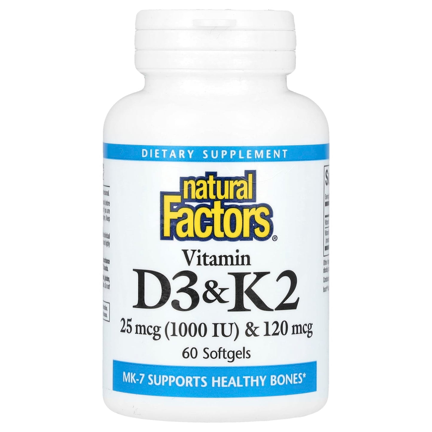 Natural Factors, Vitamin D3 & K2, 25 mcg (1,000 IU) & 120 mcg, 60 Softgels - Image 1