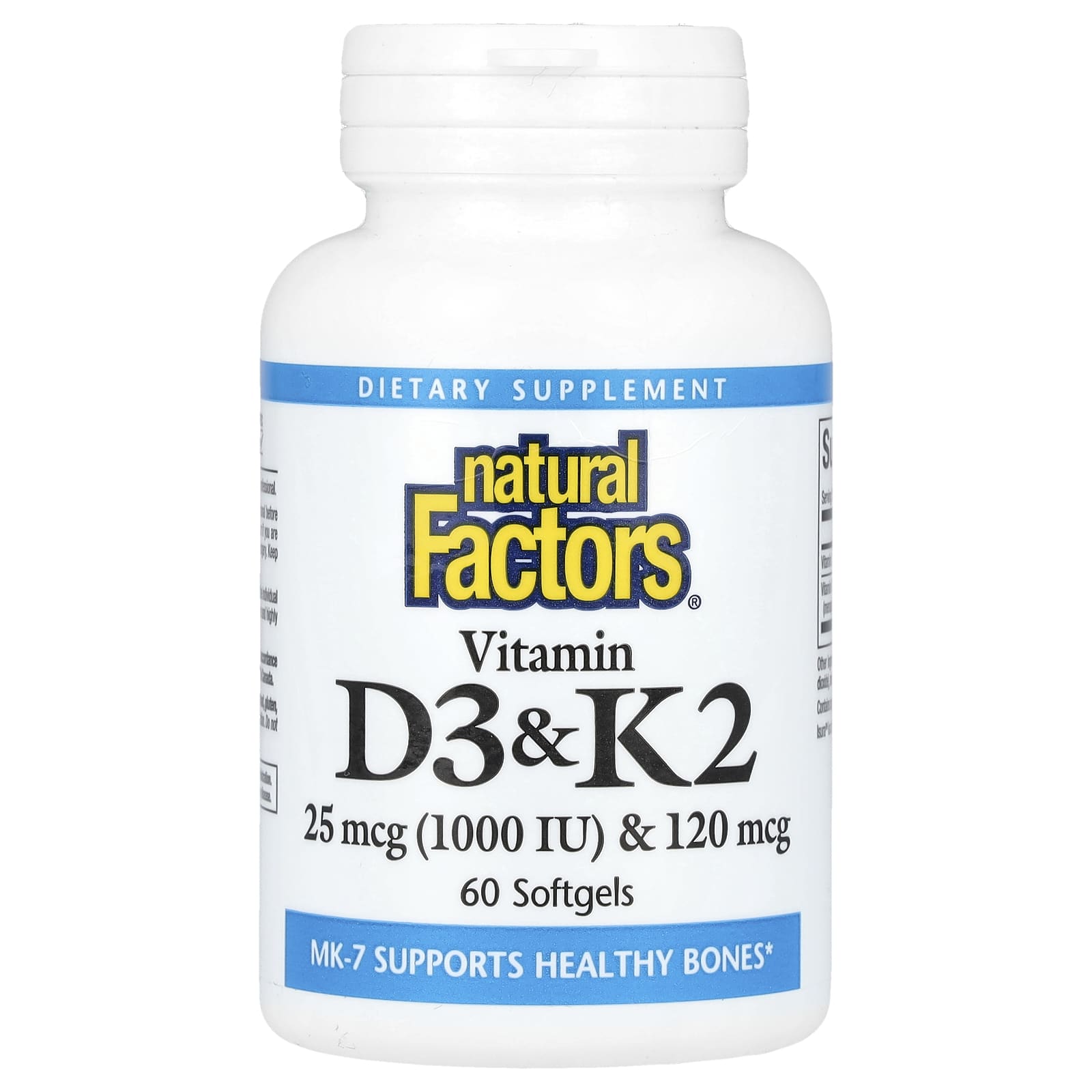 Natural Factors, Vitamin D3 & K2, 25 mcg (1,000 IU) & 120 mcg, 60 Softgels - Image 1