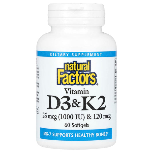 Natural Factors, Vitamin D3 & K2, 25 mcg (1,000 IU) & 120 mcg, 60 Softgels - Image 1