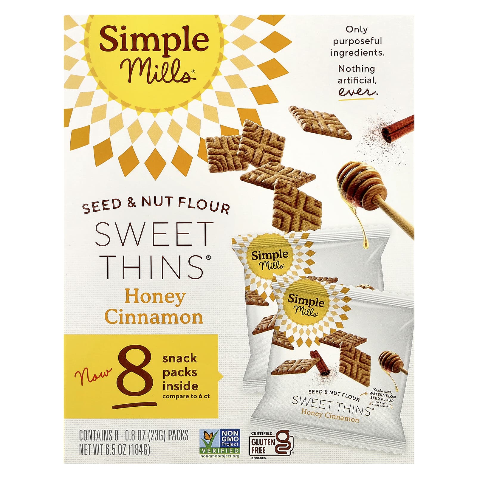 Simple Mills, Seed & Nut Flour, Sweet Thins®, Honey Cinnamon, 8 Packs, 0.8 oz (23 g) Each - Image 1