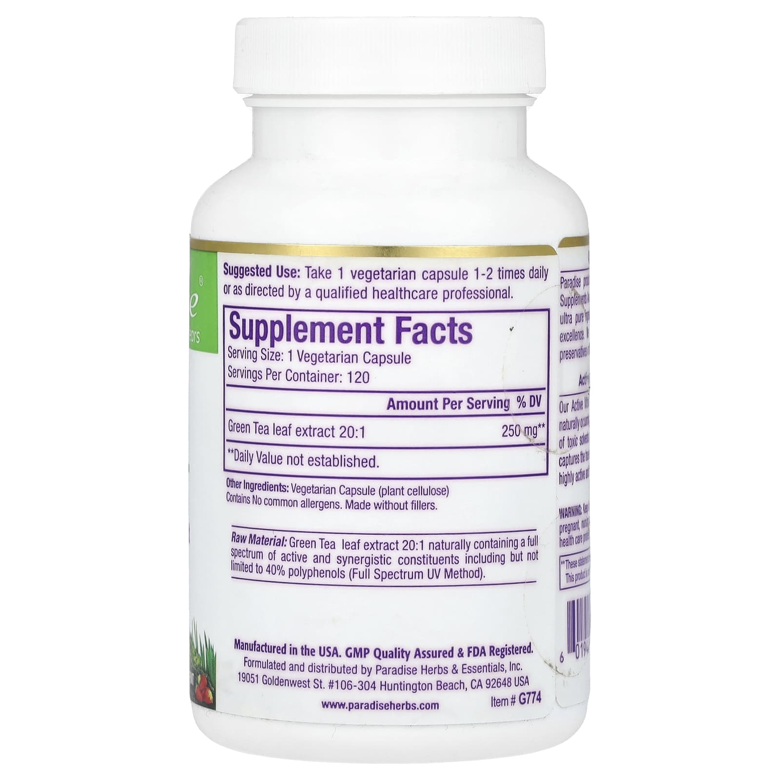 Paradise Herbs, Green Tea, 120 Vegetarian Capsules (250 mg per Capsule) - Image 2