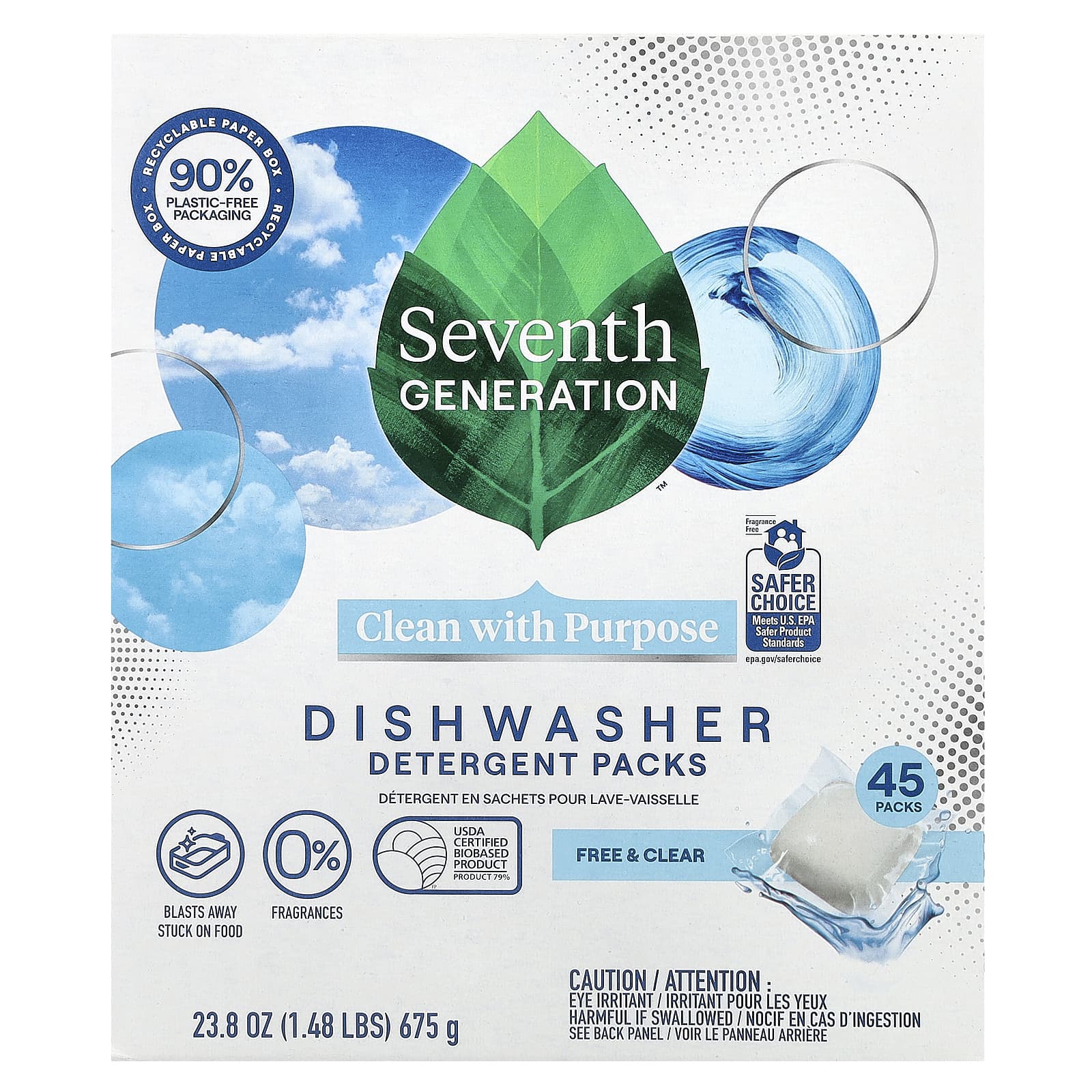 Seventh Generation, Dishwasher Detergent Packs, Free & Clear, 45 Packs, 23.8 oz (675 g) - Image 1