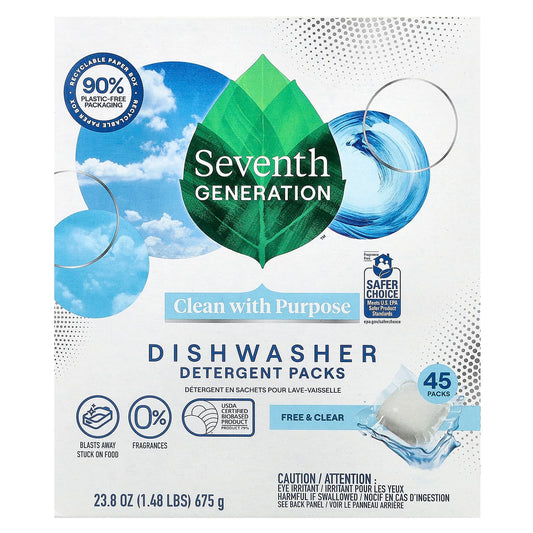 Seventh Generation, Dishwasher Detergent Packs, Free & Clear, 45 Packs, 23.8 oz (675 g) - Image 1