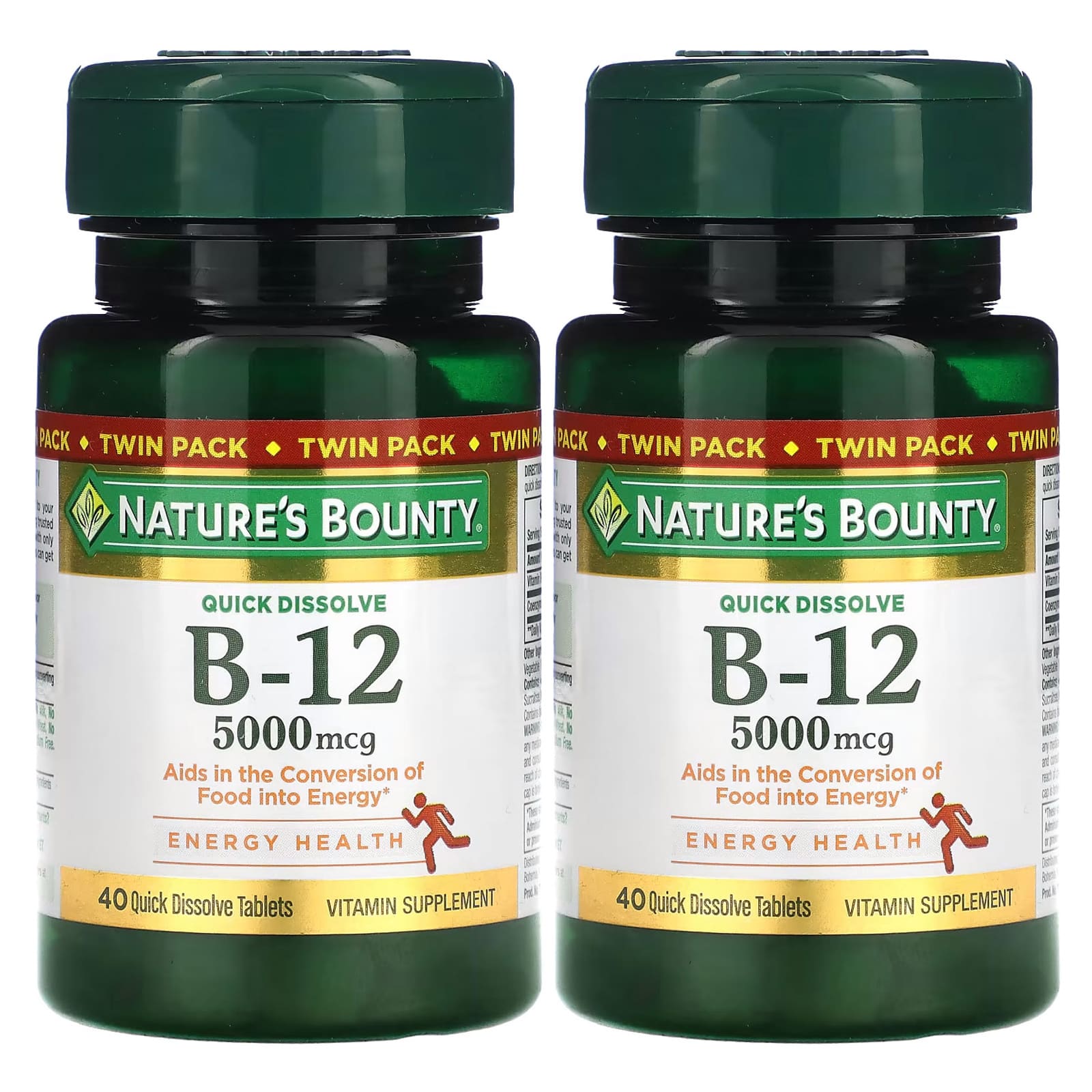 Nature's Bounty, B-12, Naturally Cherry, 5,000 mcg, Twin Pack, 40 Quick Dissolve Tablets Each - Image 1