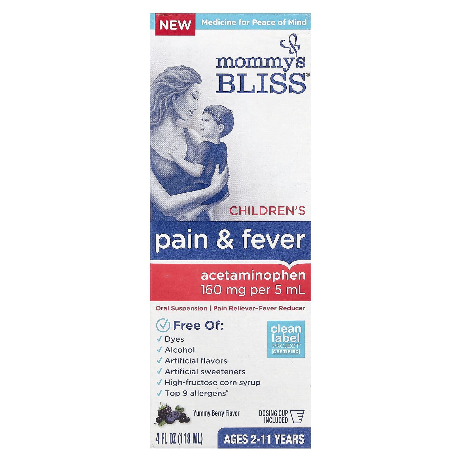 Mommy's Bliss, Children's Pain & Fever, Ages 2-11 Years, Yummy Berry, 160 mg , 4 fl oz (118 ml) - Image 1