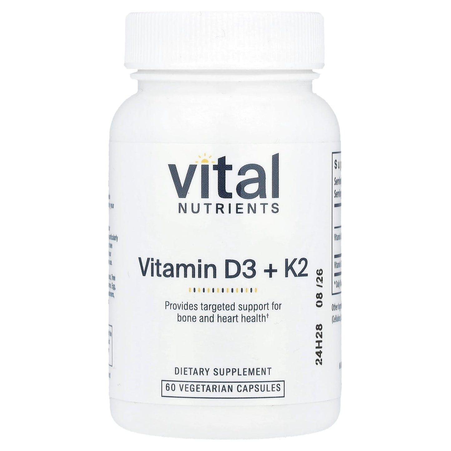 Vital Nutrients, Vitamin D3 + K2, 60 Vegetarian Capsules - Image 1