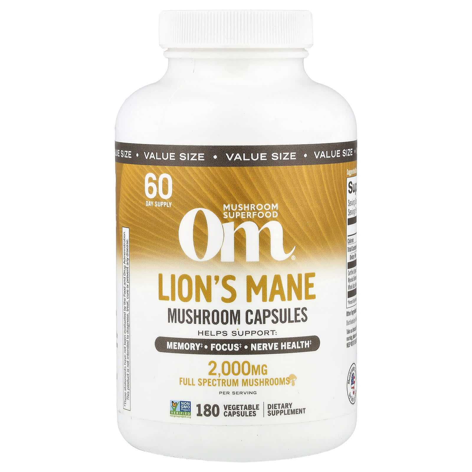 Om Mushrooms, Lion's Mane Mushroom Capsules, 180 Vegetable Capsules (666 mg per Capsule) - Image 1