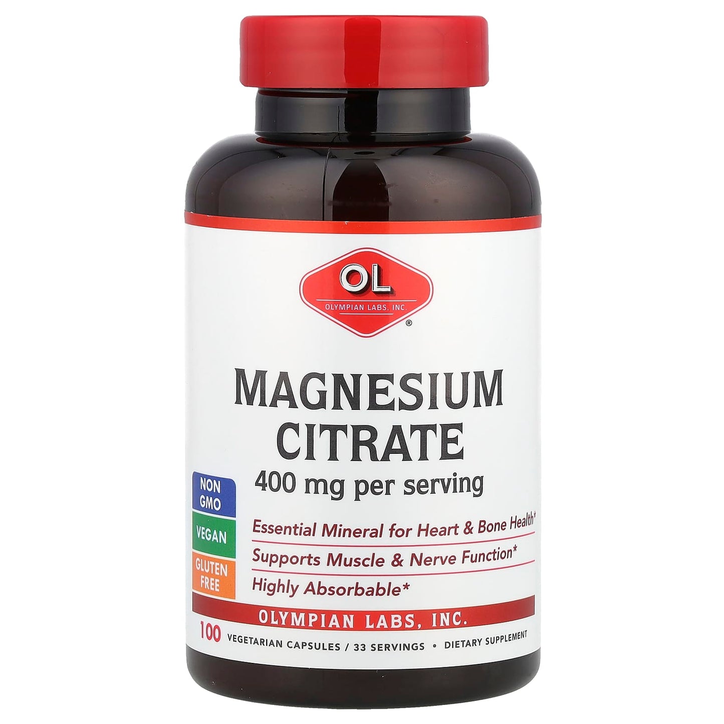 Olympian Labs, Magnesium Citrate, 400 mg, 100 Vegetarian Capsules (133 mg per Capsule) - Image 1