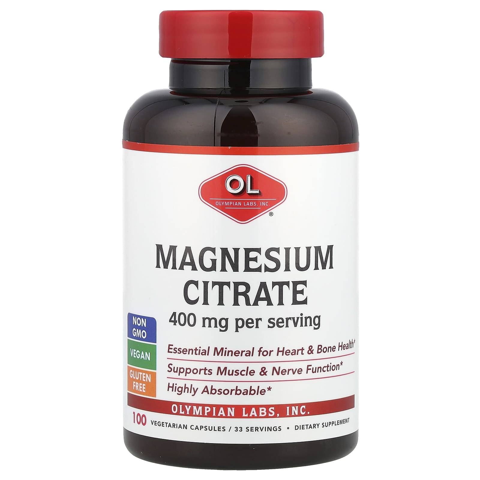 Olympian Labs, Magnesium Citrate, 400 mg, 100 Vegetarian Capsules (133 mg per Capsule) - Image 1