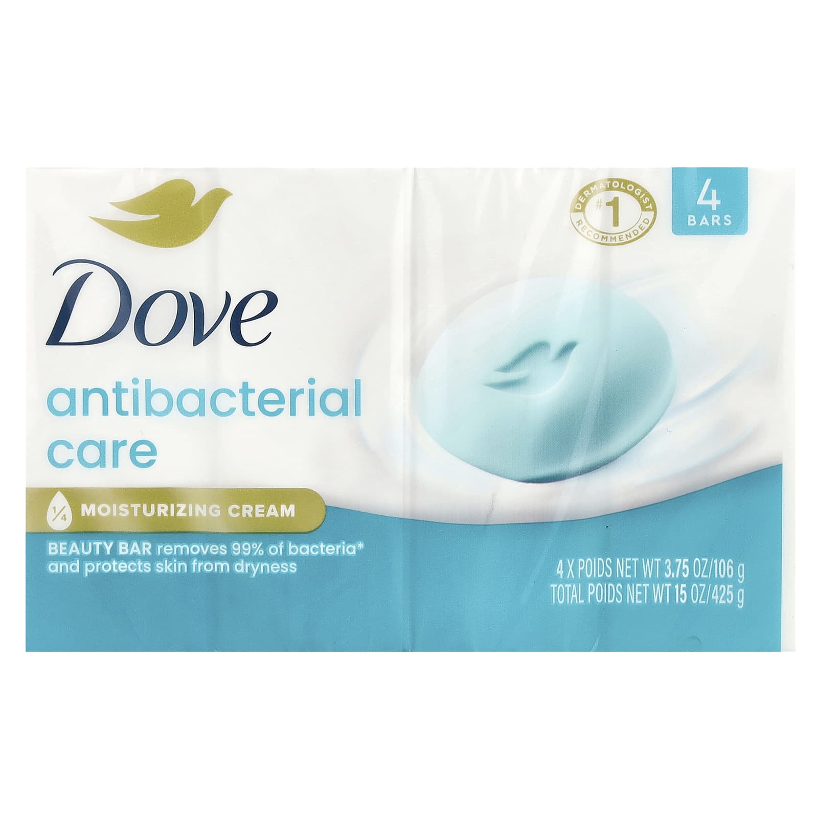 Dove Antibacterial Care Beauty Bar Soap for Soft, Moist Skin (4 Bars, 3.75 oz) - Image 2