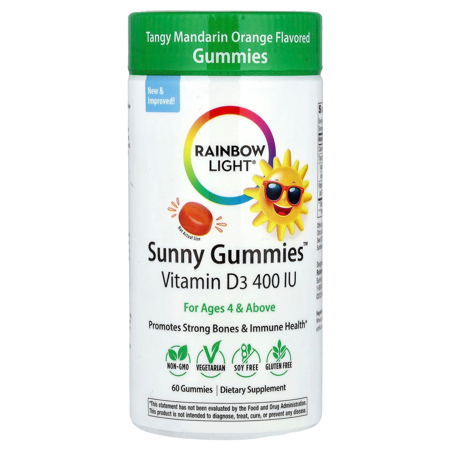 Rainbow Light, Sunny Gummies™, Vitamin D3, For Ages 4 & Above, Tangy Mandarin Orange, 10 mcg (400 IU), 60 Gummies - Image 1