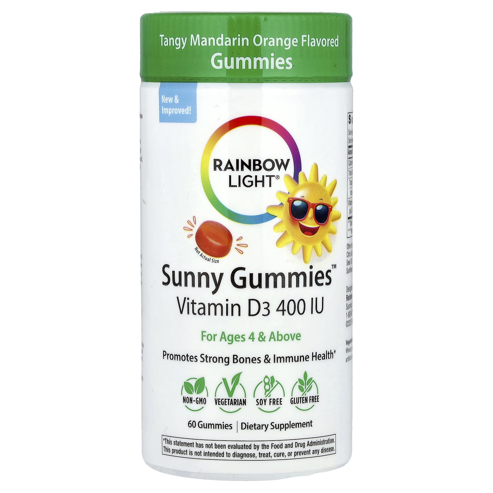 Rainbow Light, Sunny Gummies™, Vitamin D3, For Ages 4 & Above, Tangy Mandarin Orange, 10 mcg (400 IU), 60 Gummies - Image 1