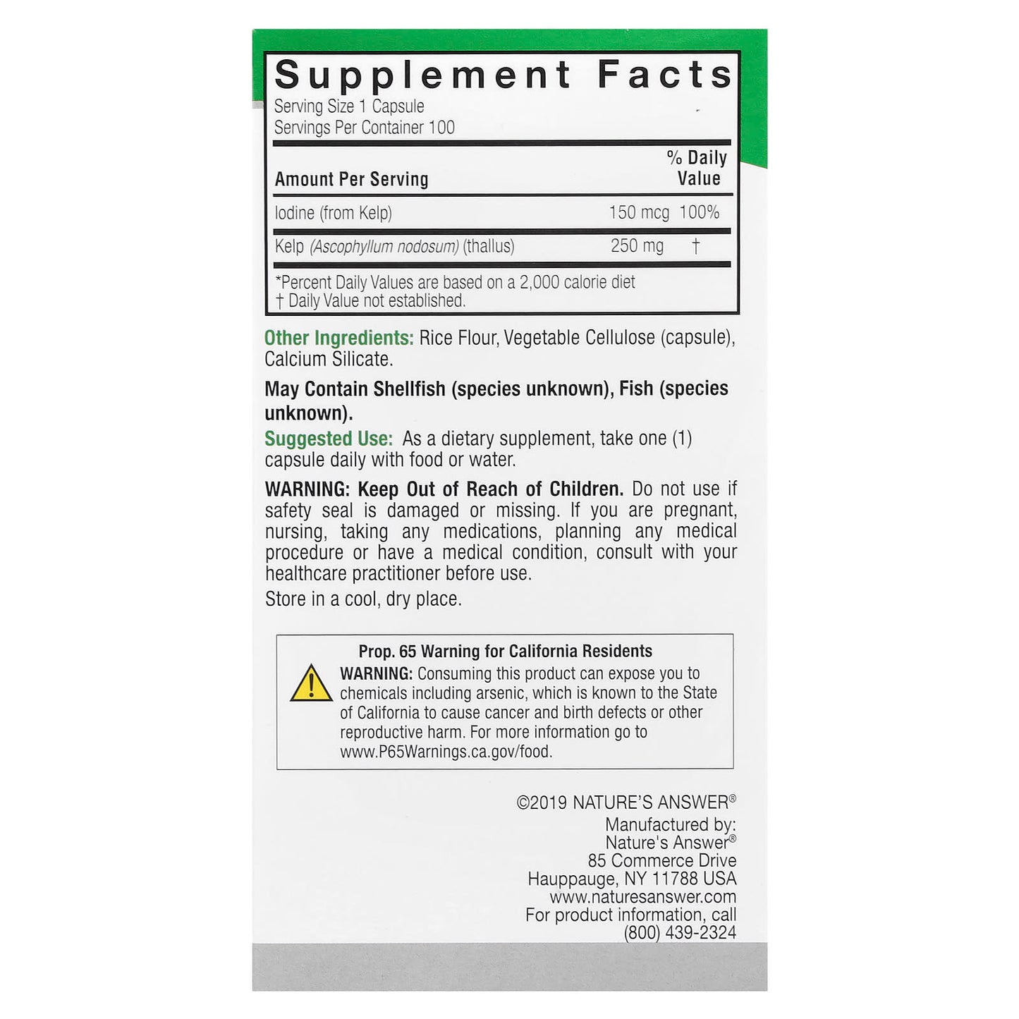 Nature's Answer, Kelp Thallus, 100 Veggie Capsules (250 mg per Capsule) - Image 2