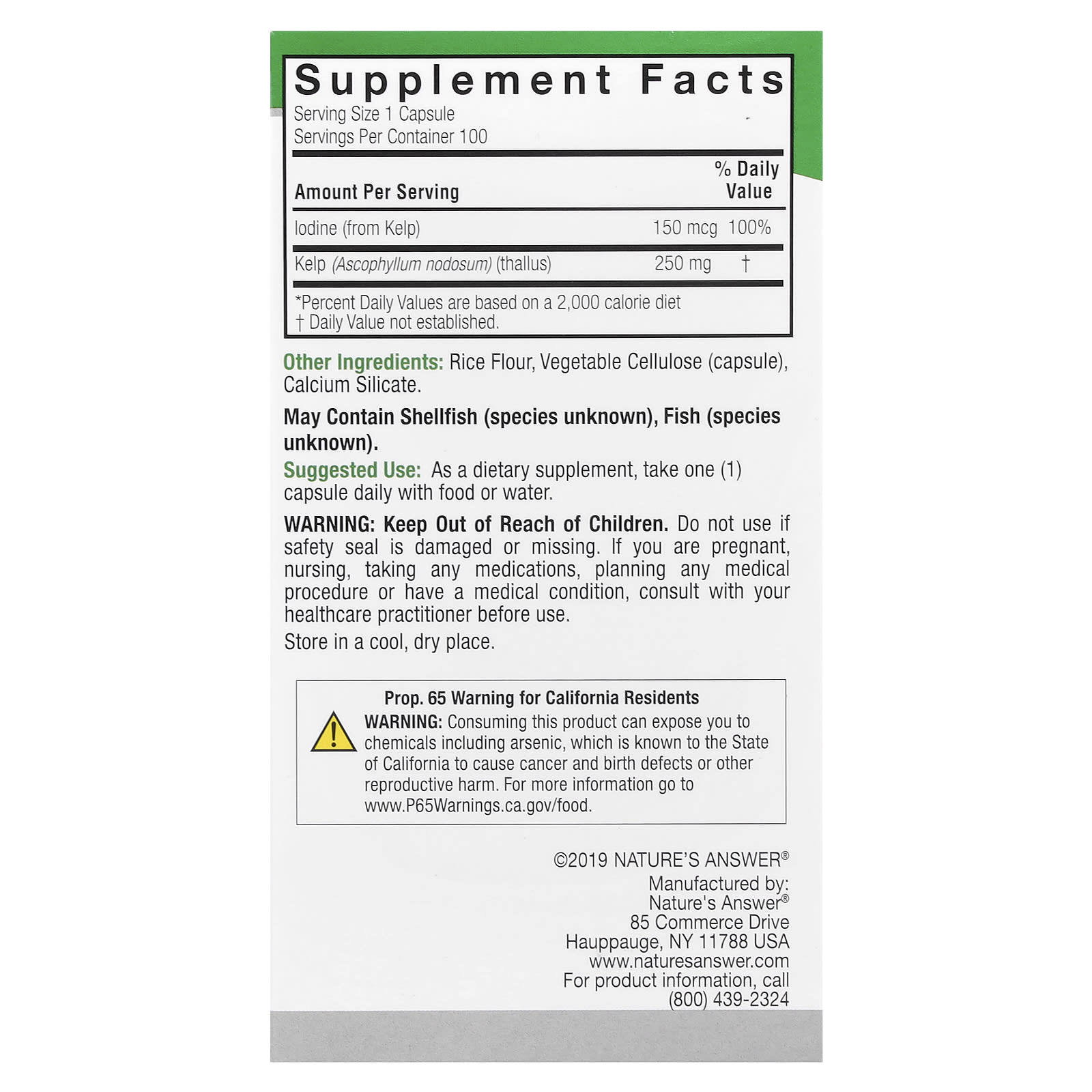 Nature's Answer, Kelp Thallus, 100 Veggie Capsules (250 mg per Capsule) - Image 2