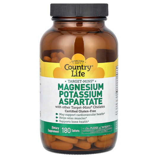 Country Life Magnesium Potassium Aspartate, 180 Tablets, Vegan & Gluten-Free - Image 1