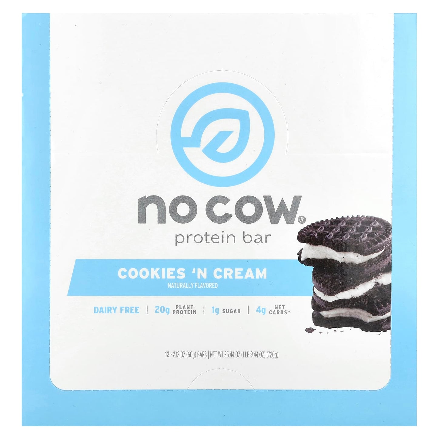 No Cow, Protein Bar, Cookies'N Cream, 12 Bars, 2.12 oz (60 g) Each - Image 1