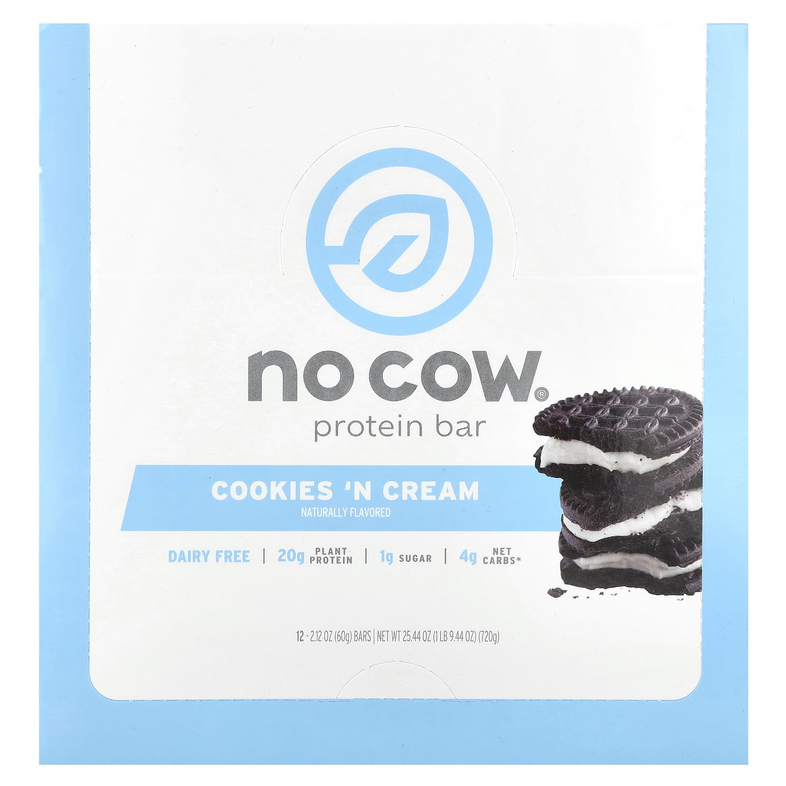 No Cow, Protein Bar, Cookies'N Cream, 12 Bars, 2.12 oz (60 g) Each - Image 1