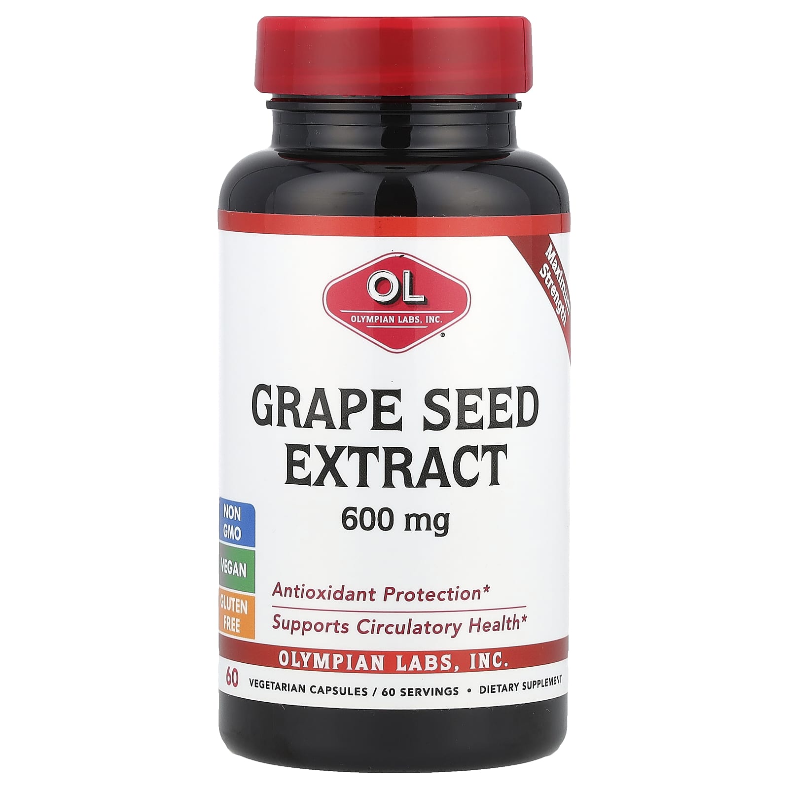 Olympian Labs, Grape Seed Extract, Maximum Strength, 600 mg, 60 Vegetarian Capsules - Image 1
